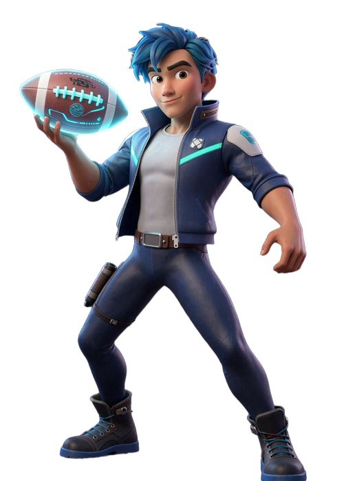 Max, der Sportwetten-Experte von Gizbo Casino im Disney-Stil, mit holographischem Fu&szlig;ball in dynamischer Pose