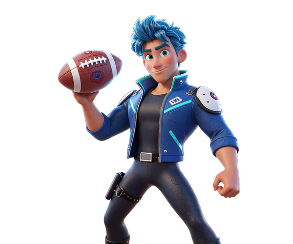 Max, der Sportwetten-Experte von Gizbo Casino, im Disney-Stil mit holographischem Fu&szlig;ball und Wett-UI-Elementen