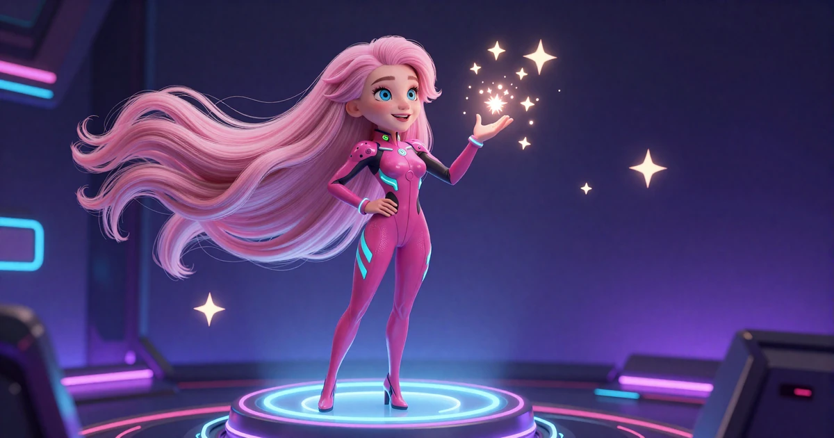 Eva, die Bonus-Magierin von Gizbo Casino im Disney-Stil, auf einem neon-leuchtenden Podest stehend mit magischen Funken und Sternen f&uuml;r das VIP-Programm